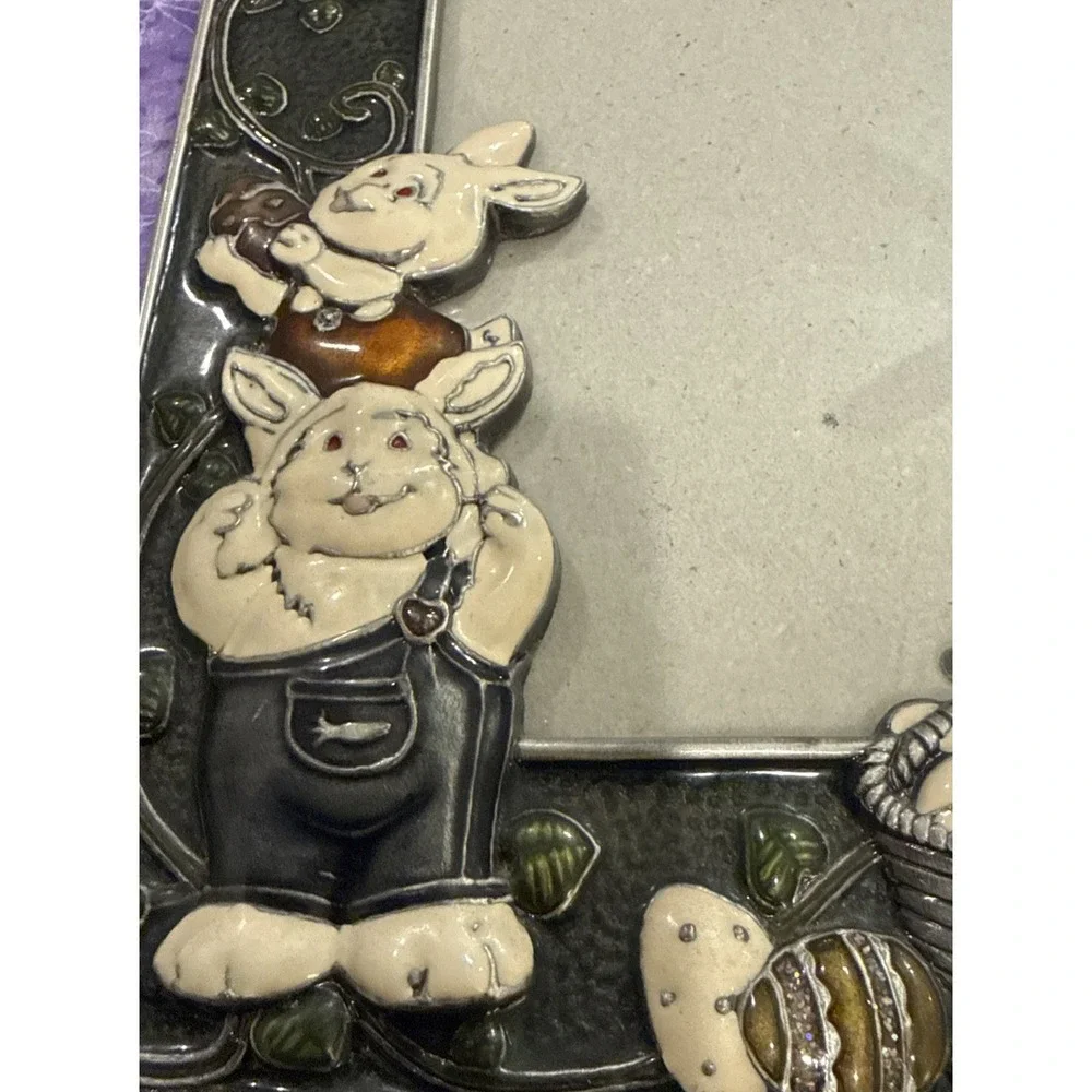 Metalware Metal‎ Enamel Picture Frame Rabbit Bunny Eggs Basket Easter
